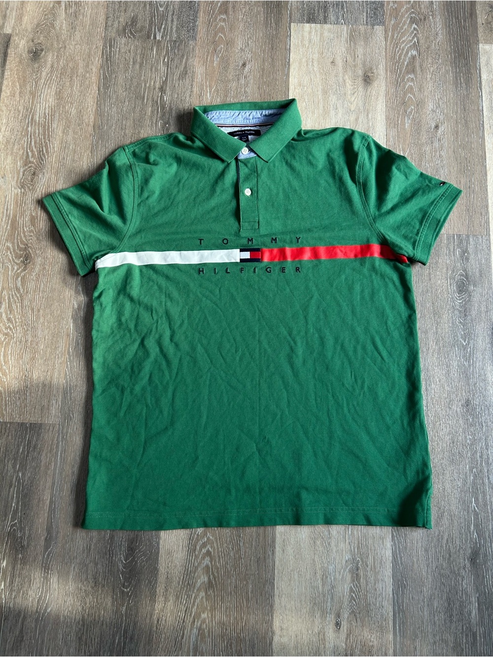 Tommy Hilfiger Green Polo with White and Red Chest Stripe